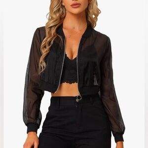Allegra K Black Sheer Bomber Jacket